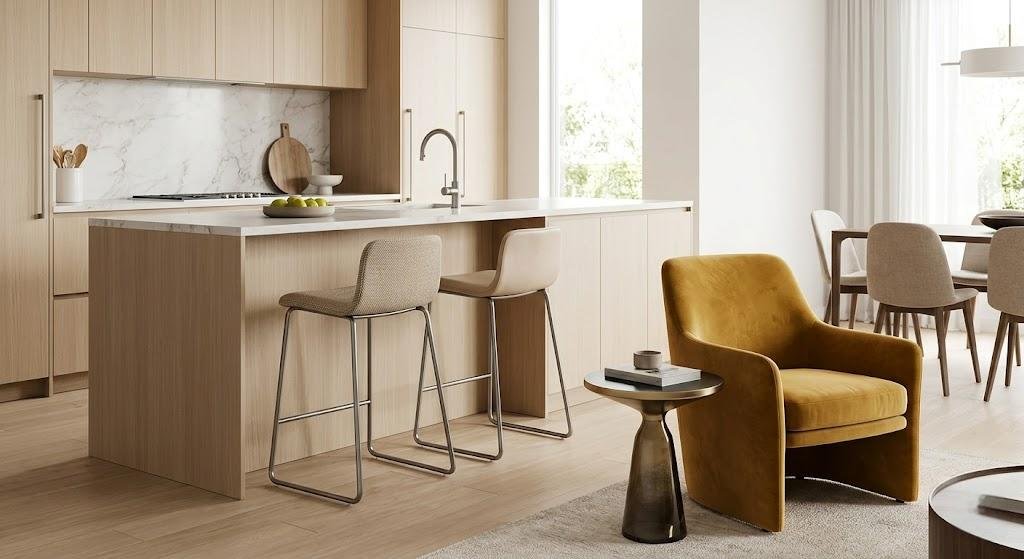 Modern furniture collection including premium counter stools and accent chairs