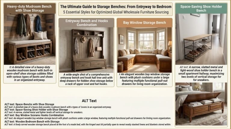 A graphic guide detailing five essential B2B furniture sourcing styles for organizers: mudroom bench with shoe storage, entryway bench and hooks, shoe holder bench, bay window storage bench, and wooden bedroom bench. (B2B furniture wholesale guide)