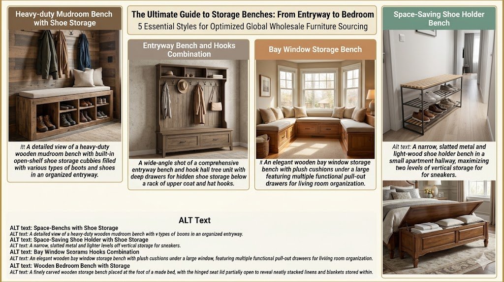A graphic guide detailing five essential B2B furniture sourcing styles for organizers: mudroom bench with shoe storage, entryway bench and hooks, shoe holder bench, bay window storage bench, and wooden bedroom bench. (B2B furniture wholesale guide)