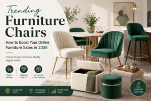 Trending furniture chairs for 2026 featuring green velvet dining chairs, white upholstered accent chairs, luxury counter stools, and multifunctional storage ottomans in a modern contemporary living room setting.