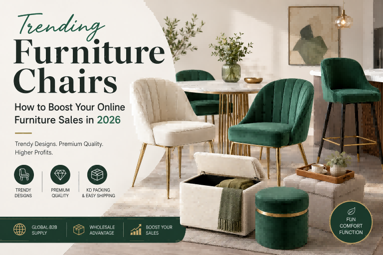 Trending furniture chairs for 2026 featuring green velvet dining chairs, white upholstered accent chairs, luxury counter stools, and multifunctional storage ottomans in a modern contemporary living room setting.