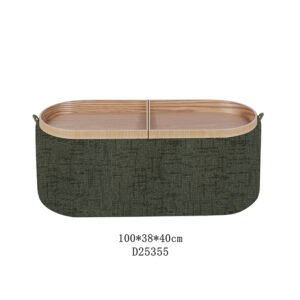 Modern mint green fabric storage ottoman with kiln-dried hardwood frame for hospitality and residential interior projects.