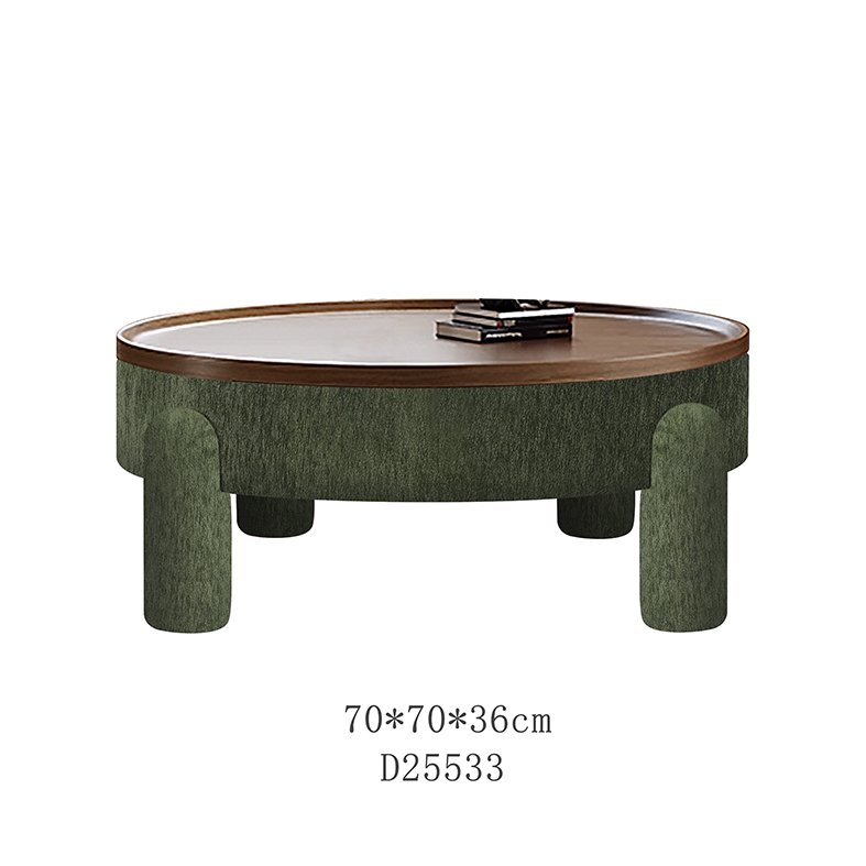 A side-by-side visual comparison of a sleek wooden coffee table and a plush upholstered ottoman in a modern living room setting.