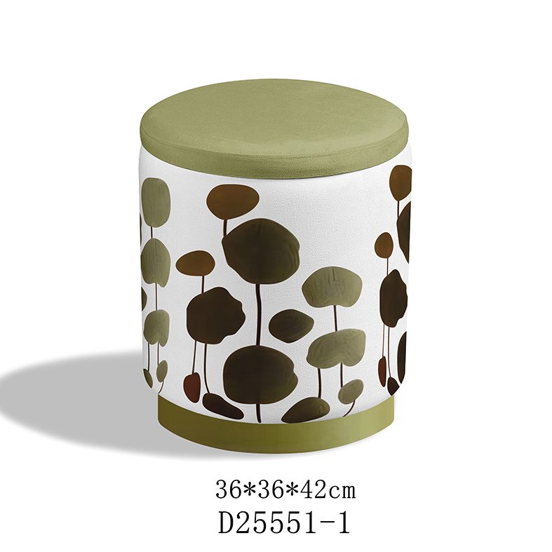 Modern round mint green velvet storage ottoman in a minimalist living room setting by FZ Victor.