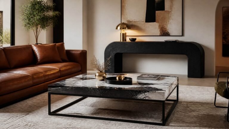 Premium black and marble coffee table styled in a modern living room