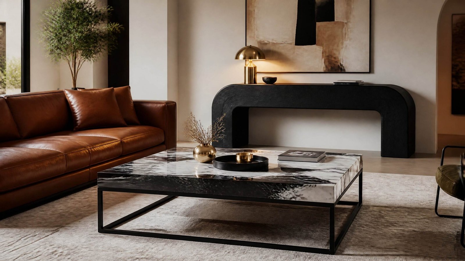 Premium black and marble coffee table styled in a modern living room