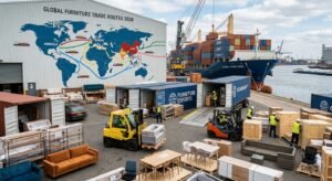 2026 Wholesale Furniture Export Trends for Global Importers, featuring diverse furniture styles, international shipping, and global trade.