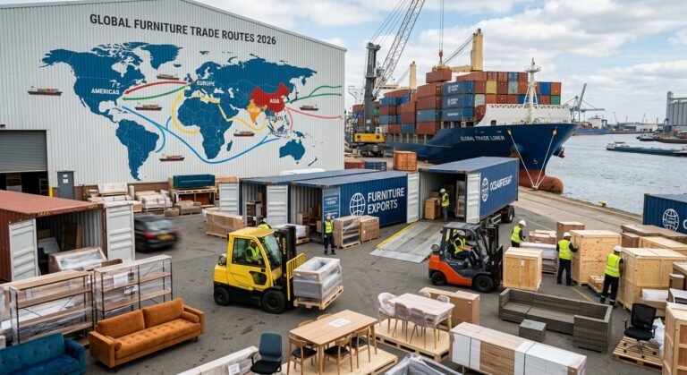 2026 Wholesale Furniture Export Trends for Global Importers, featuring diverse furniture styles, international shipping, and global trade.