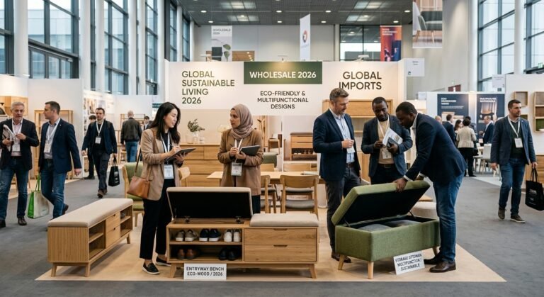 2026 Wholesale Furniture Trends for Global Importers, featuring sustainable storage ottomans and custom entryway benches