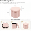Technical drawing of a 12.6-inch petal-shaped sherpa storage ottoman showing internal space for books and toys.