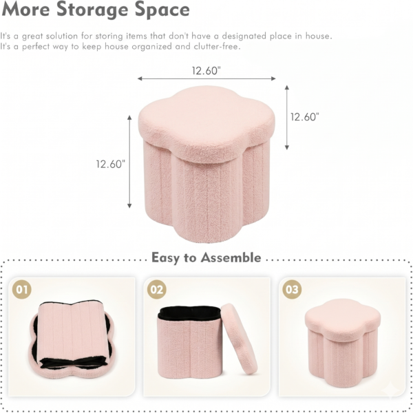 Technical drawing of a 12.6-inch petal-shaped sherpa storage ottoman showing internal space for books and toys.