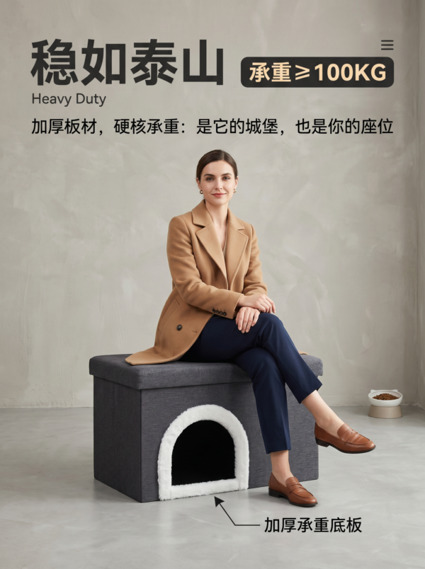 Product showcase of a grey multi-purpose cat den. It provides a snug sleeping area for pets while functioning as a large-capacity storage bin and a trendy footstool, perfect for small apartment living.
