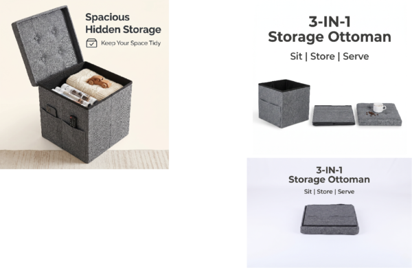 Minimalist studio shot of a 3-in-1 grey storage ottoman. Shows the disassembled components to illustrate the ease of assembly and multi-purpose use for sitting, storing household items, or serving drinks.