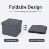 High-quality grey linen folding footstool. The image displays the sturdy square storage box with a black interior lining, the flat-packed state for easy transport, and the comfortable padded top lid suitable for sitting or serving.