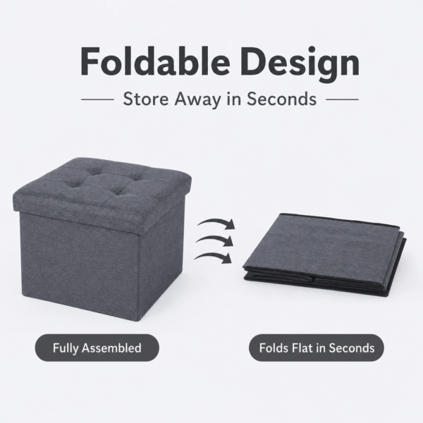 High-quality grey linen folding footstool. The image displays the sturdy square storage box with a black interior lining, the flat-packed state for easy transport, and the comfortable padded top lid suitable for sitting or serving.
