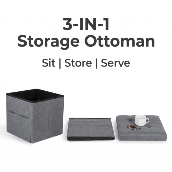 A versatile grey linen storage stool demonstrating its use as a coffee tray. The padded tufted lid is placed separately with a white ceramic mug and coffee beans on top, emphasizing the "Serve" functionality of the product.