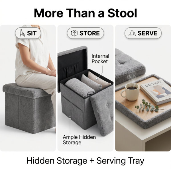 Product showcase of a collapsible grey ottoman from FZ Victor. The image highlights the space-saving design by showing the ottoman body folded completely flat next to the tufted seat cover and the assembled cube with a side storage pocket.