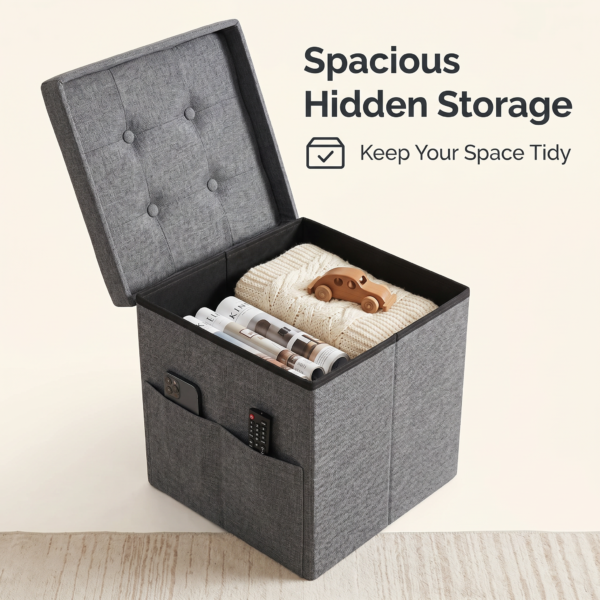 A charcoal grey fabric storage ottoman shown in three states: fully assembled as a cube, folded flat for storage, and the tufted lid used as a serving tray with a coffee cup. Text reads "3-IN-1 Storage Ottoman: Sit | Store | Serve.