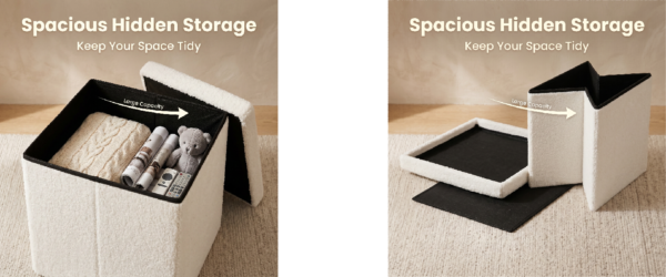 Minimalist cream-colored fuzzy storage box on a neutral rug. The open lid highlights a "Large Capacity" interior used to hide away household clutter like toys and media accessories.