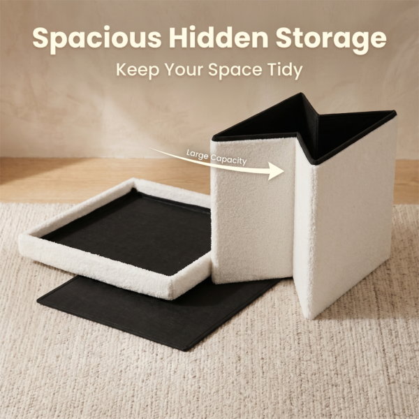A stylish white faux-fur storage stool designed to keep spaces tidy. The image shows the deep storage compartment holding various personal items, blending organization with modern home decor