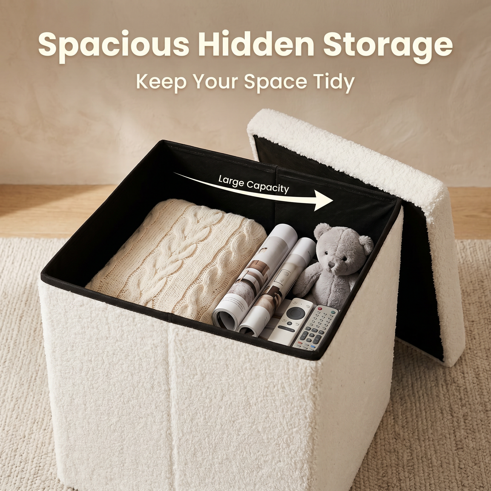 sherpa ottoman with large hidden capacity
