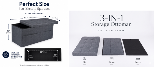 Product infographic of a modern grey fabric storage chest, partially open. Key measurement annotations define its compact yet spacious size, with external dimensions of 30.7" x 15" x 15" and interior dimensions of 29" x 13". Includes a dedicated view of the internal storage area.