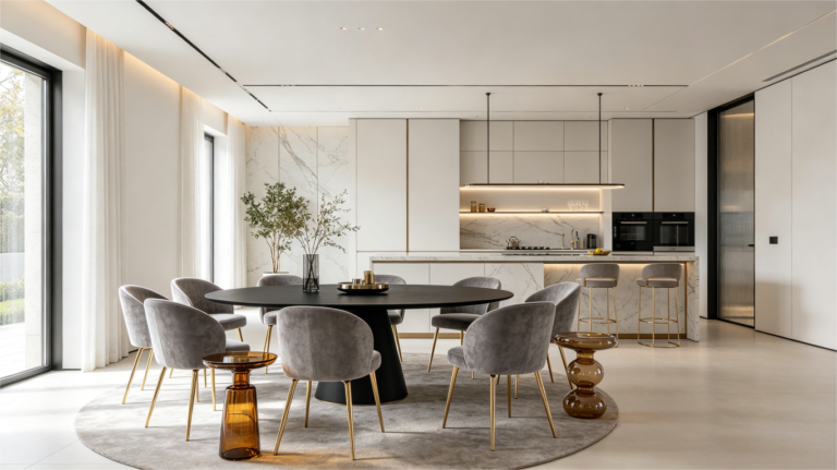 Modern upholstered dining chair set in a styled dining room。