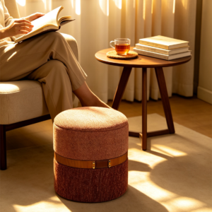 antique leather round plush ottoman