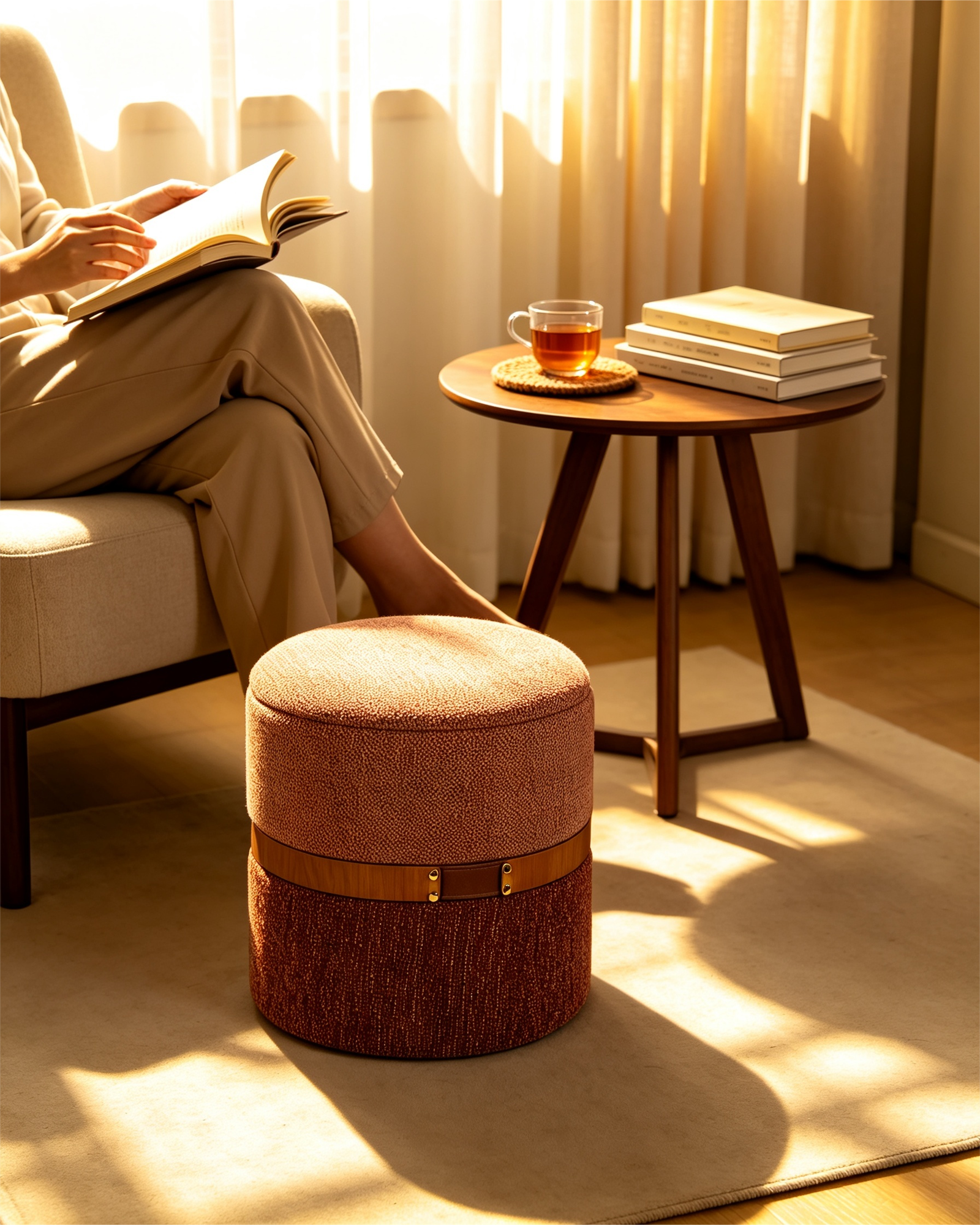 antique leather round plush ottoman