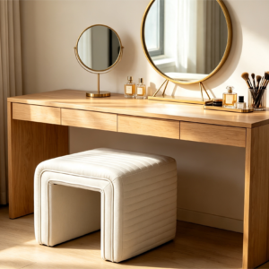 A minimalist white U-shaped upholstered stool featuring vertical channel quilting, placed in a softly lit modern living space.