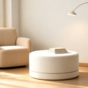 Modern cream round storage ottoman footstool with elegant gold accent ring.