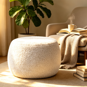 Modern white boucle round storage ottoman styled next to a bed in a minimalist bedroom.