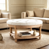 Luxury Cognac Leather Coffee Table Round Ottoman Set