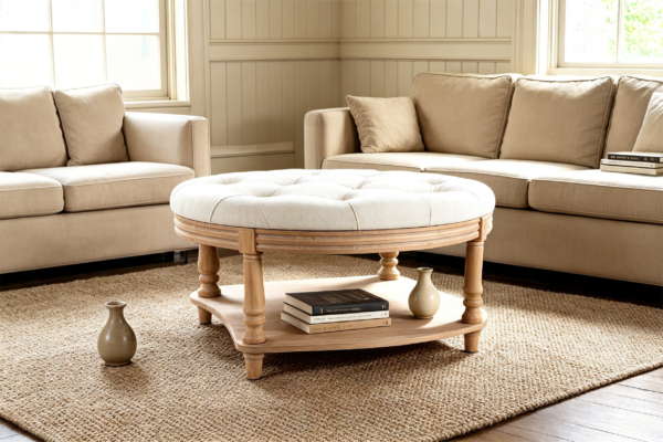 Luxury Cognac Leather Coffee Table Round Ottoman Set