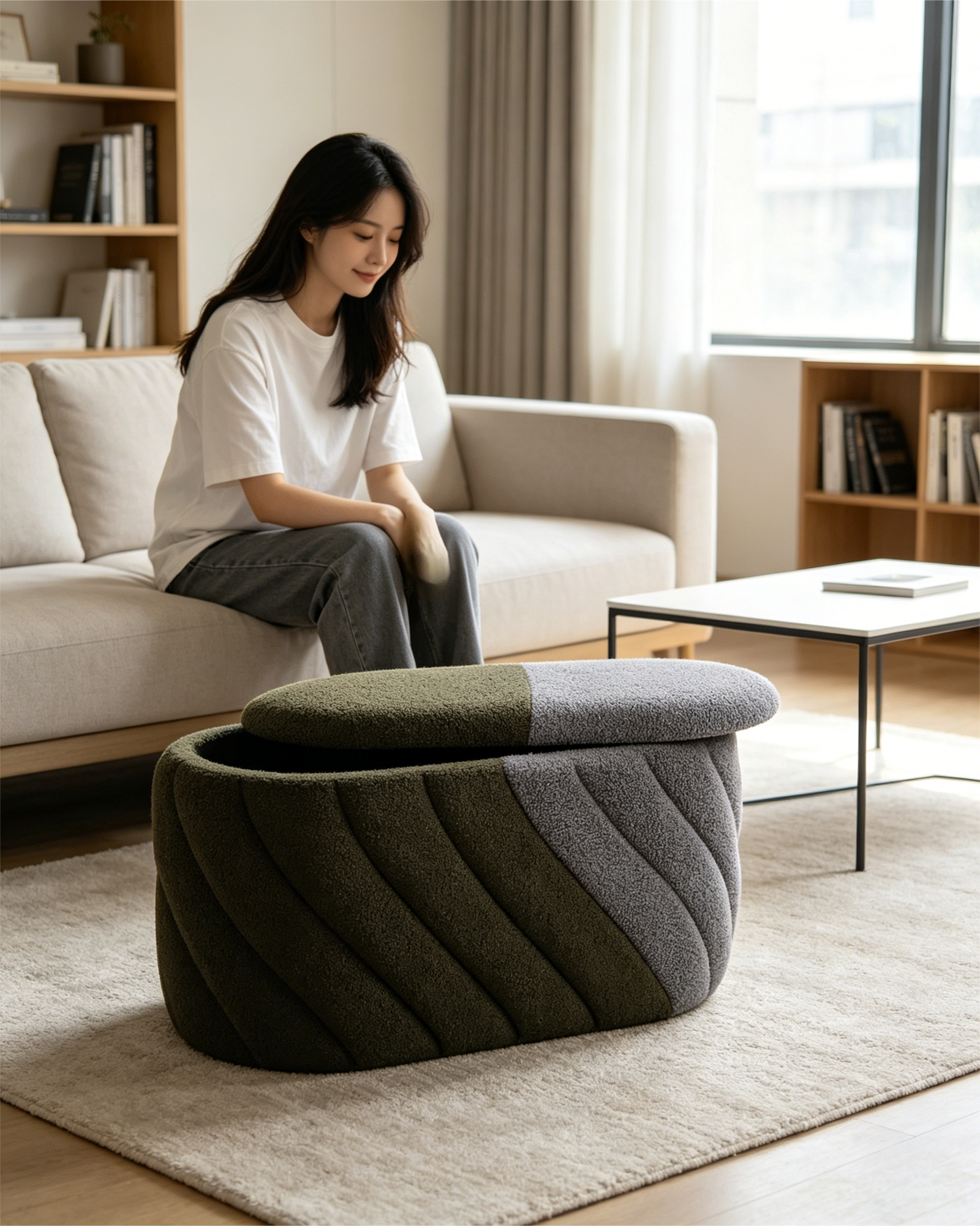 neutral ottoman luxury storage chair set