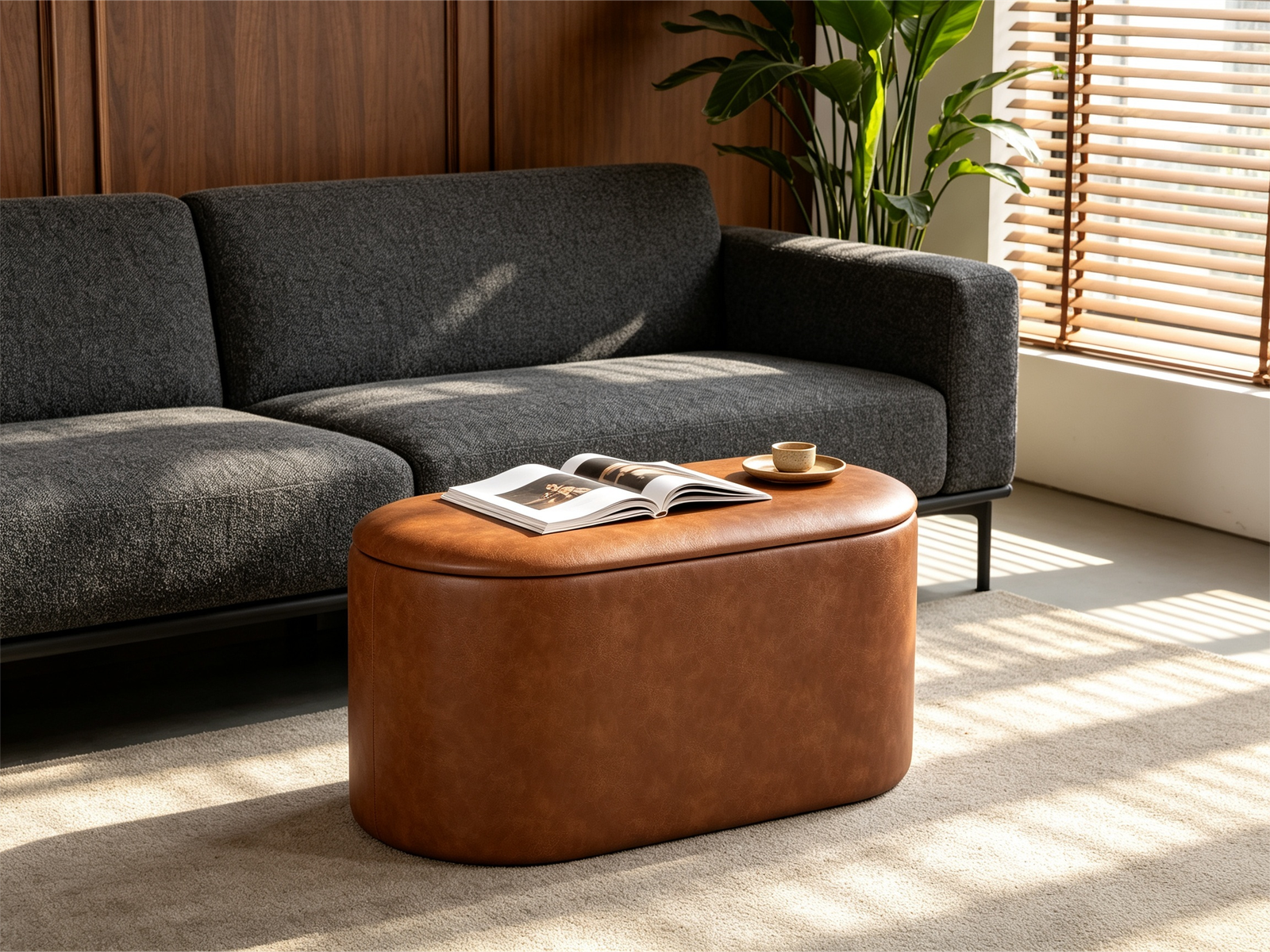ottoman brown leather storage stool