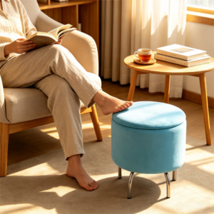 Light blue velvet oval storage ottoman placed on a sunlit patio next to wooden outdoor lounge chairs.