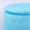 Light blue velvet oval storage stool used as a coffee table in an elegant living room with classic decor.