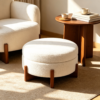 White round coffee table with ottomans featuring solid dark wooden tripod legs