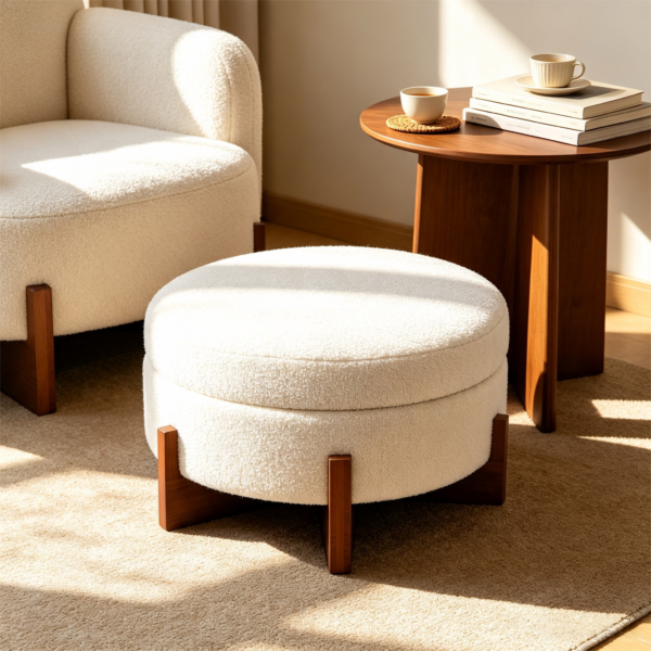 White round coffee table with ottomans featuring solid dark wooden tripod legs