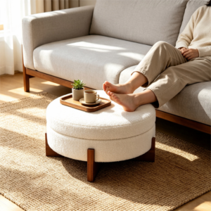 Small Round White Ottoman Footstool with Wooden Legs - Vanity Stool Detail Close-up of padded cushion top on white round coffee table with ottomans