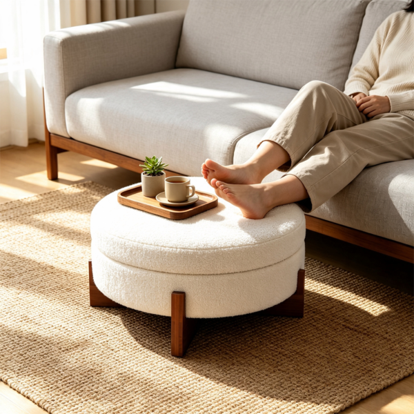 Close-up of padded cushion top on white round coffee table with ottomans
