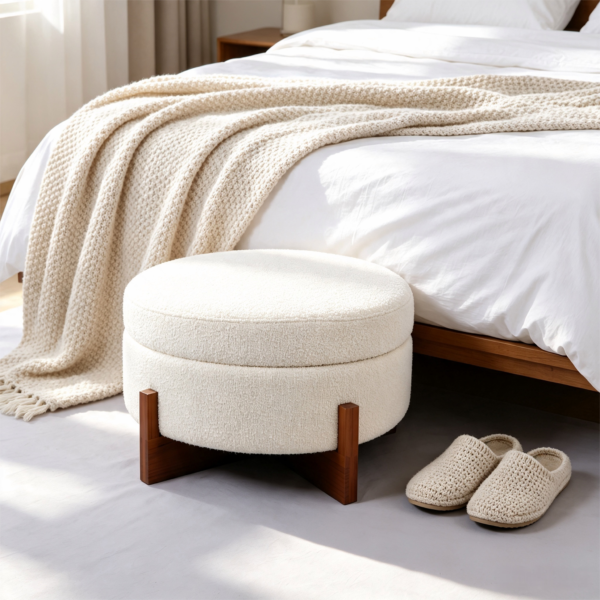 Modern white round coffee table with ottomans styled near vanity desk in bedroom