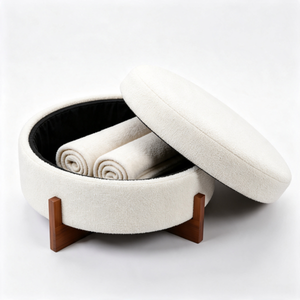White round textured fabric coffee table with ottomans set in contemporary living room