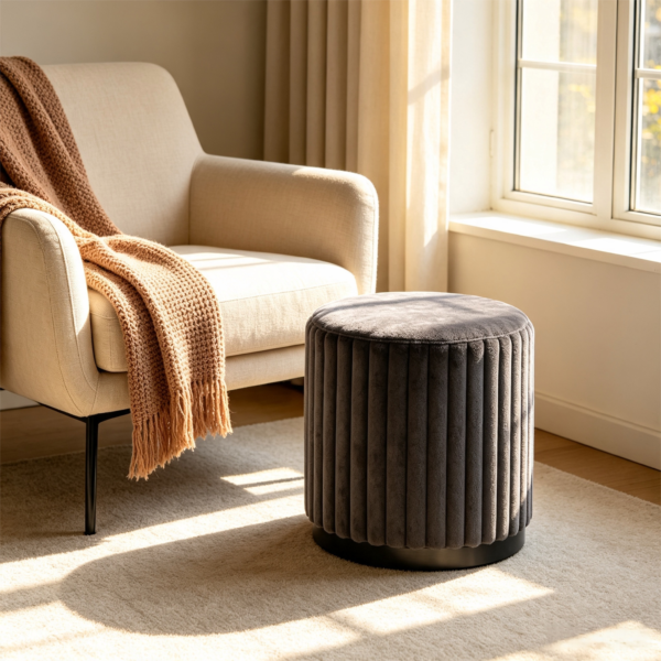 Two dark gray fluted velvet storage ottomans styled together in a modern living space.
