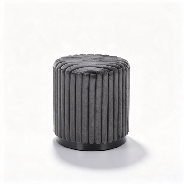 Dark gray ribbed velvet round storage vanity stool shown isolated on a bright neutral background.