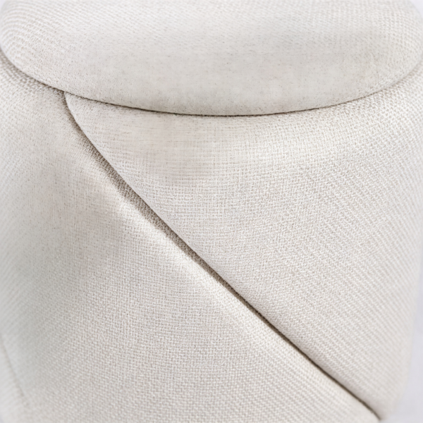 Close-up view of a small round white textured fabric storage ottoman coffee table