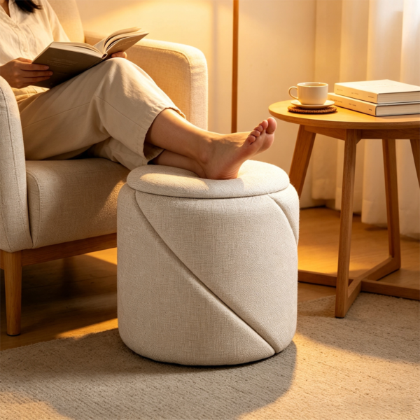 White round textured fabric ottoman used as a comfortable footrest by the sofa