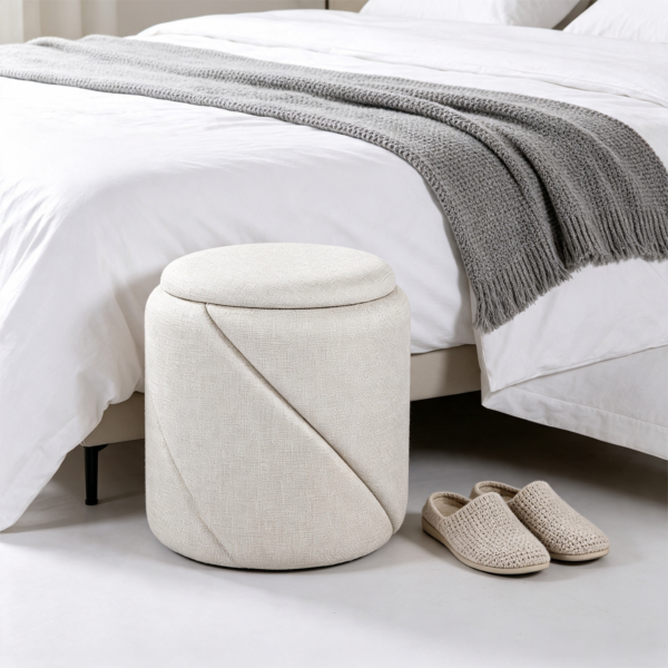 Small round white storage ottoman with reversible lid as coffee table