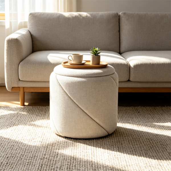 Small round white storage ottoman with reversible lid as coffee table